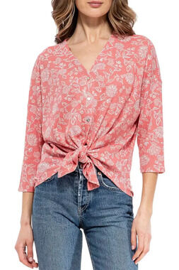 B Collection By Bobeau 3/4 Sleeve Tie Front Top Coral/Ivory - Regular